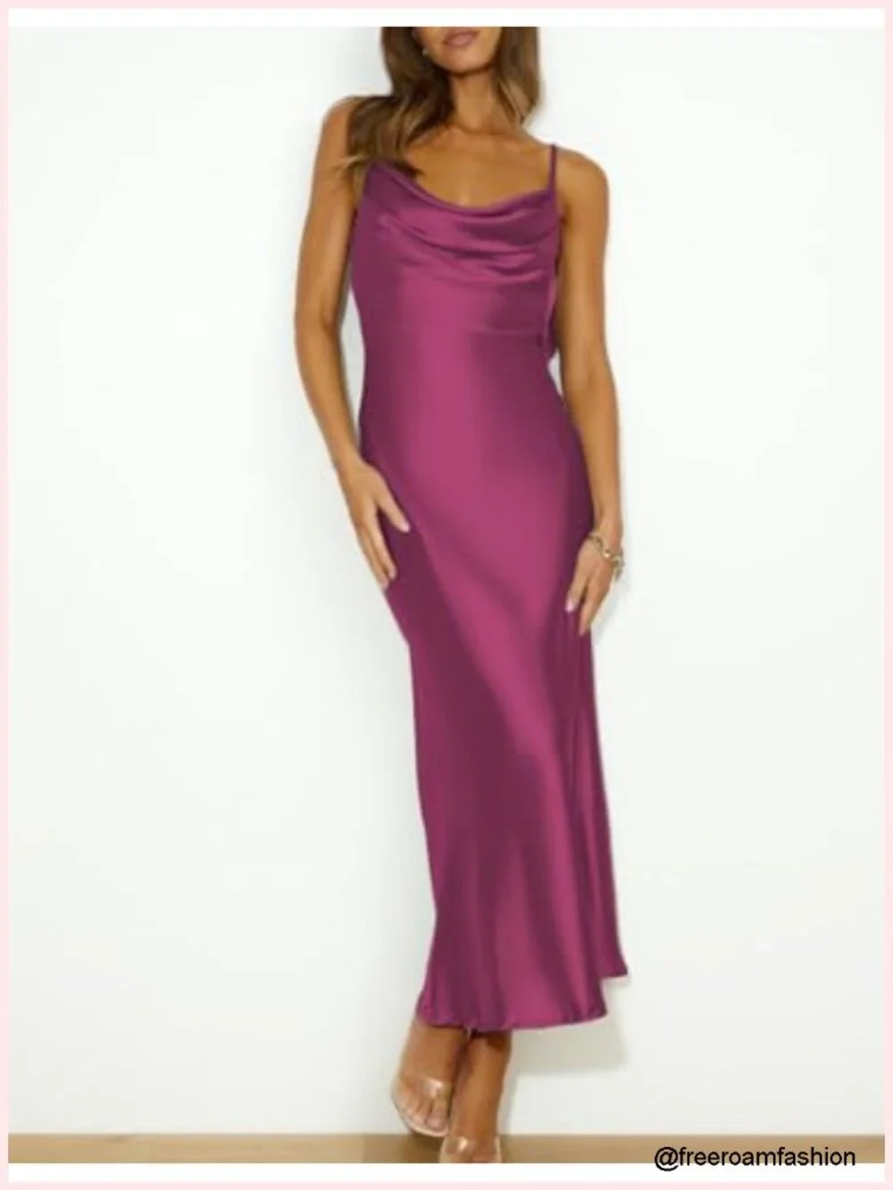 Satin Spaghetti Strap Cowl Neck Backless Midi Dress Ruched Cocktail Dress